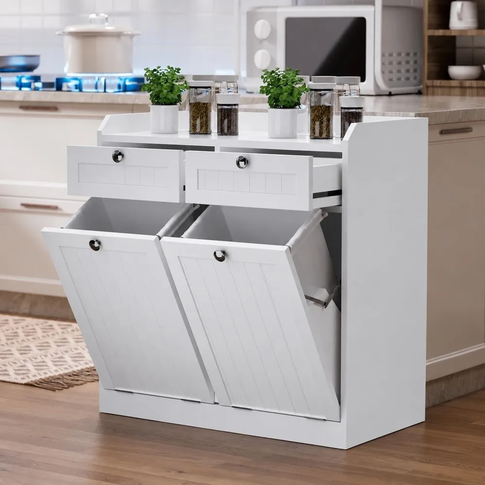2 x 8 Gallon Double Tilt Out Trash Can Cabinet Pull Out Trash Can Cabinet with Drawers Pet Proof Kitchen Trash Cabinet