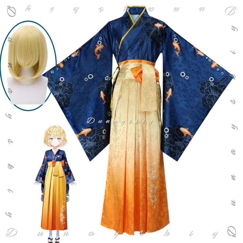 Disfraz de Cosplay de Amelia Watson al Estilo Japonés, Kimono con Estampado de Peces Koi Azules, Falda Hakama con Degradado Naranja, Conjunto Completo, Traje Hololive EN