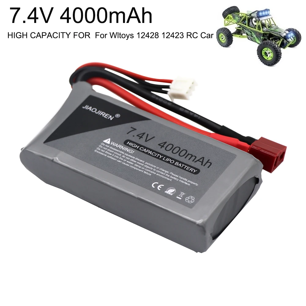 7.4V 4000mAh upgrade Lipo Battery For Wltoys 12428 12423 RC Car part 2s 7.4V 2S Battery T PLUG for feiyue 03 Q39 toy accessories