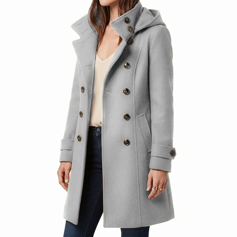 Elegant Lady Solid Color Slim Commute Coat Autumn Winter New Single Breasted Outerwear Fashion Hoodies Long Sleeve Woolen Jacket