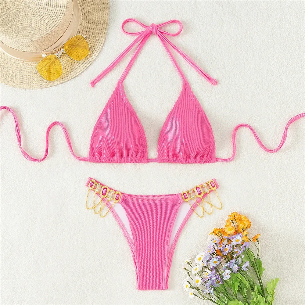 

Pink String Halter Triangle Bikinis Sets Ribbed Swimwear 2025 Rhinestone Thong Swimsuit Women Swimming Suit Wear Bikini Mujer