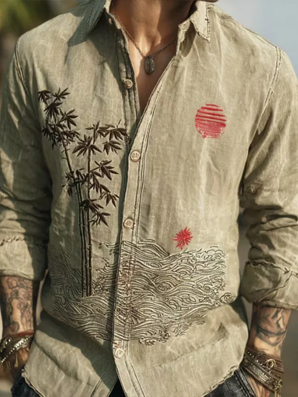 New Men's Ink Bamboo Red Sun Wave National Style Partial Composite Long Sleeve Shirt with Collar Top Clothing
