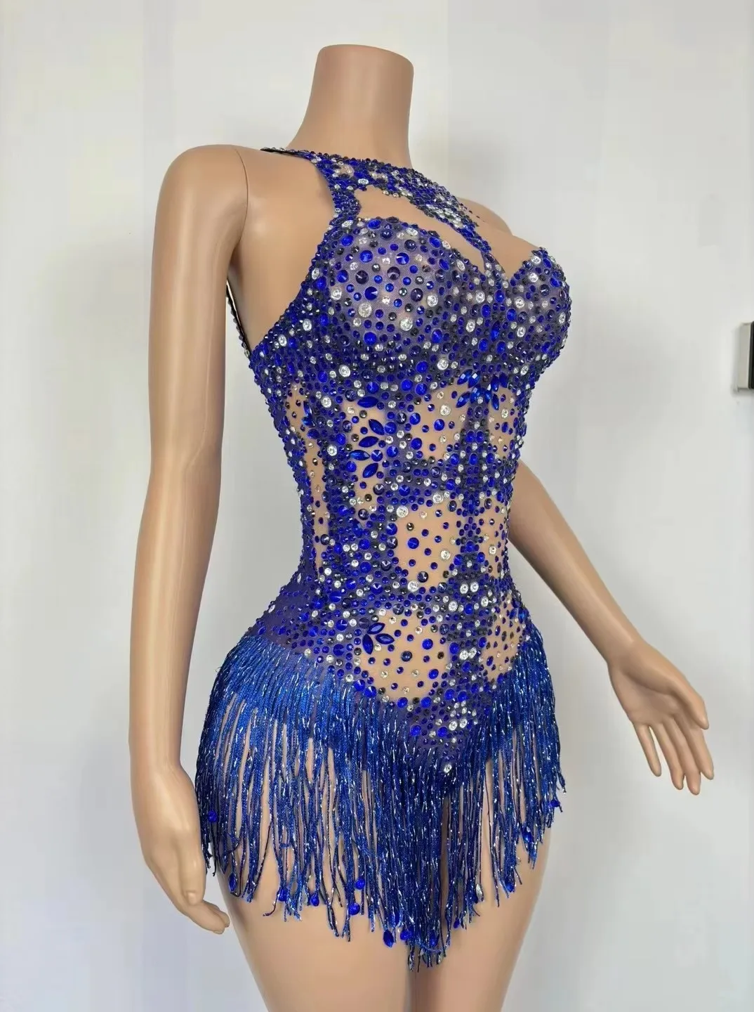 الأزرق الراين هامش ارتداءها المرأة مثير جوجو ملابس رقص كريستال شرابة يوتار الهذيان الزي بار ملهى ليلي تظهر المرحلة ارتداء