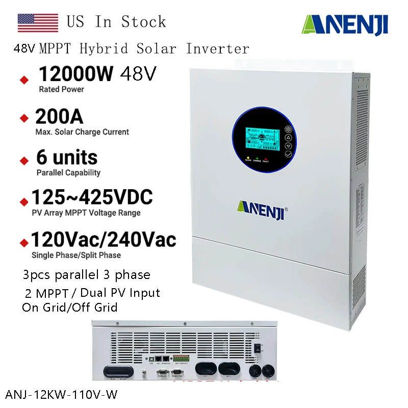 ANENJI 12KW 48V Split Phase Hybrid Solar Inverter with Parallel 12000W AC 120V/240VAC Pure Sine MPPT Inverter 220A Solar Charger PV 500VDC WiFi