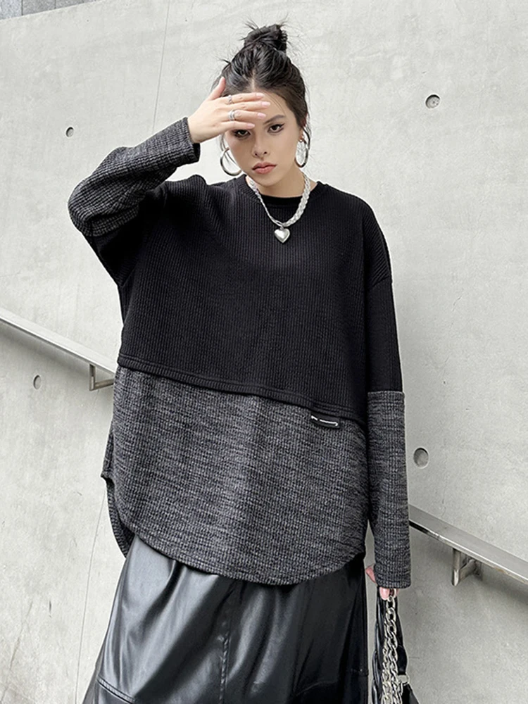 EAM Black Gray Color-block Sweatshirt New Round Neck Long Sleeve Women Big Size Fashion Tide Spring Autumn 2023  1DH8176