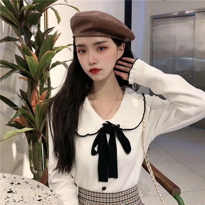 Autumn Winter New Long Sleeve Fashion All-match Pullovers Top Solid Bow Patchwork Sweet Sweaters Korean Fashion Women Clothing