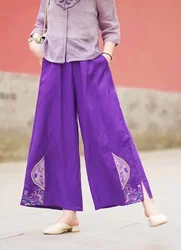 Chinese style woman pants 100% linen loose elastic waist Wide leg pants Vintage plus-size casual trousers sales