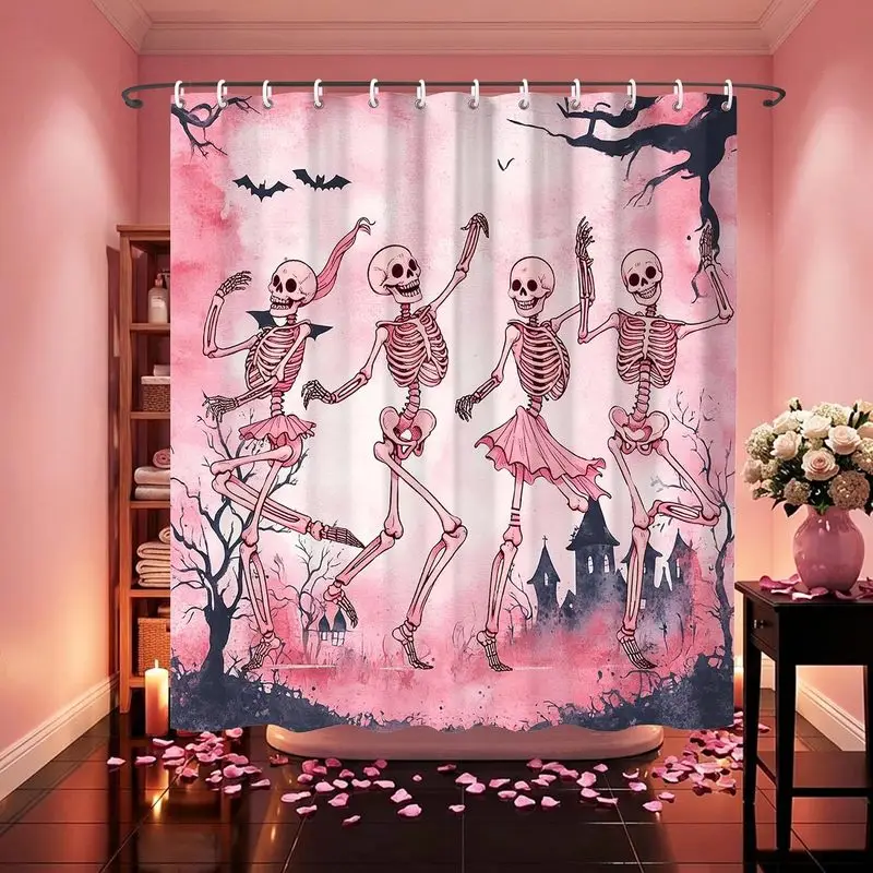 Dripping blood spooky skeleton goth shower curtain liner Halloween horror bathroom novelty bath curtain art print for party deco