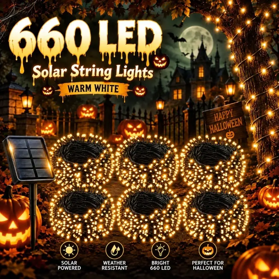 Solar String Lights Outdoor, 6 Pack 660 LED Total Solar Christmas Lights, IP65 Waterproof 8 Modes Solar Powered Fairy Lights with Memory Function for Christmas Tree, Garden, Patio, Yard, Party, Wedding, Holiday Decorations