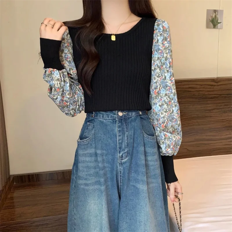 

Female Fashion Printing Knitwear Tops Autumn Women Large Size 4XL Knitting Ladies Splicing Together Sweaters