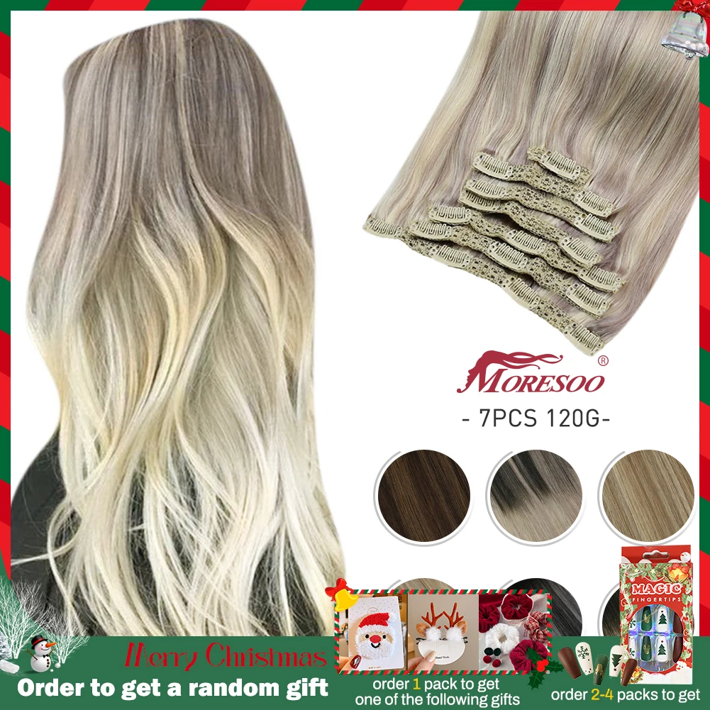 Moresoo Clip in Human Hair Extensions Blonde Hair 100% Real Silky Straight Full Head Hair Extensions Clip on Brazilian Remy Hair