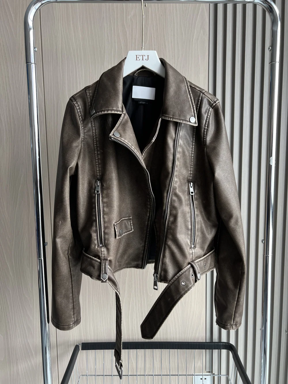 Faux leather biker jacket 2024 traf New vintage faux old craft Handyman style pu leather zipper leather coat for ladies