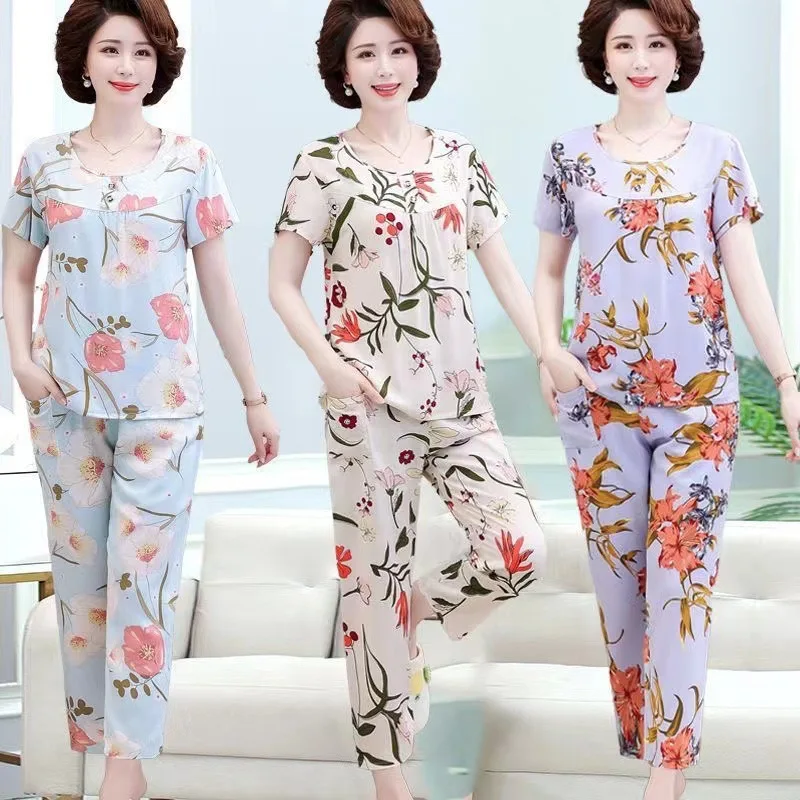 2 Pieces Women Sets Summer Style Cotton Silk short-sleeved Round O Neck top+floral Print Pant Mothers Home Clothing