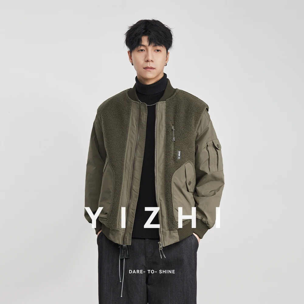 

2025 Winter New Fleece Patchwork Faux Two-Piece Cotton Jacket Fashion Men's Workwear Bomber Jacket Coat