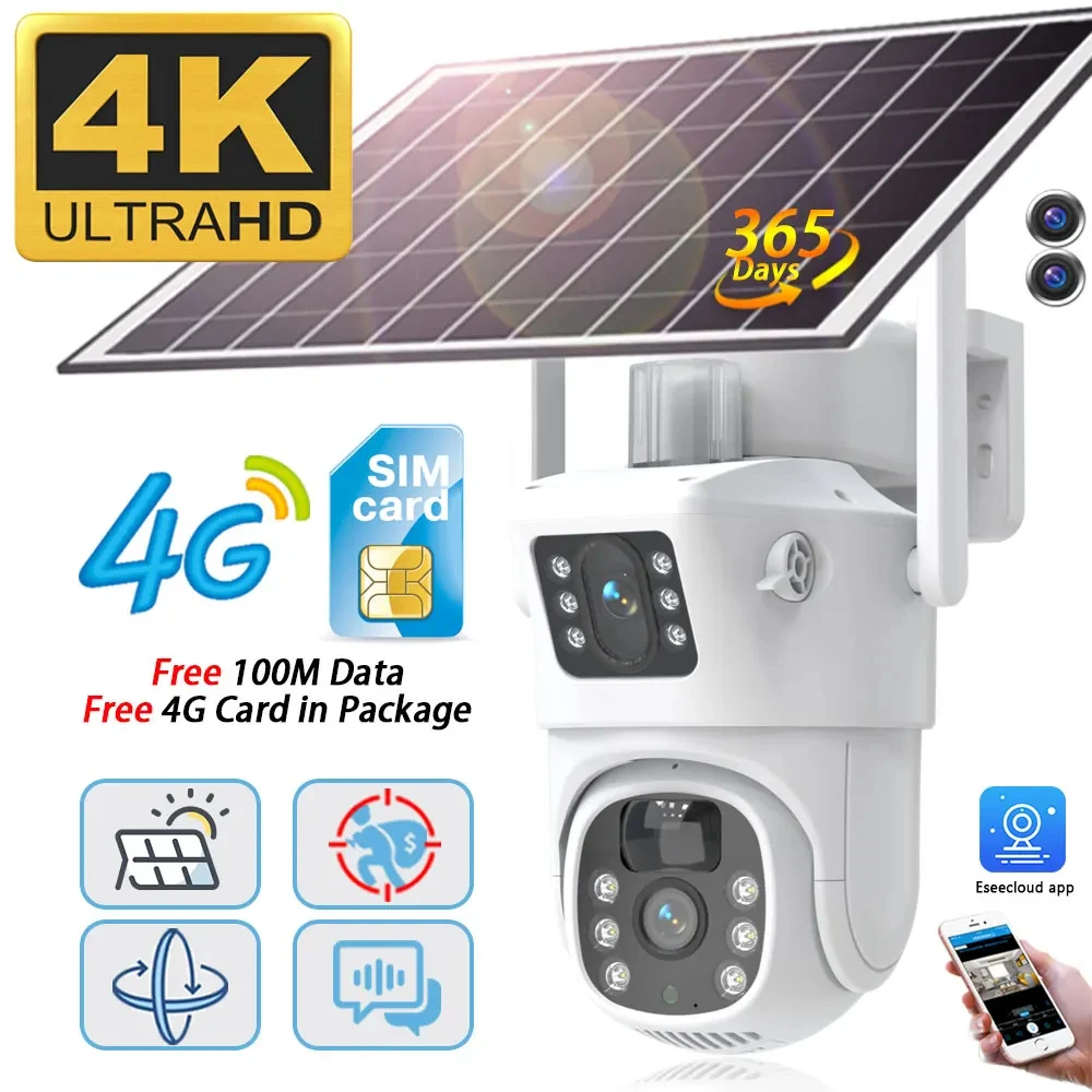 

4K 4G Wireless IP Camera Outdoor Battery Cameras With Solar panel Auto Tracking Color Night Vision 8MP Video Surveilance Cam PTZ