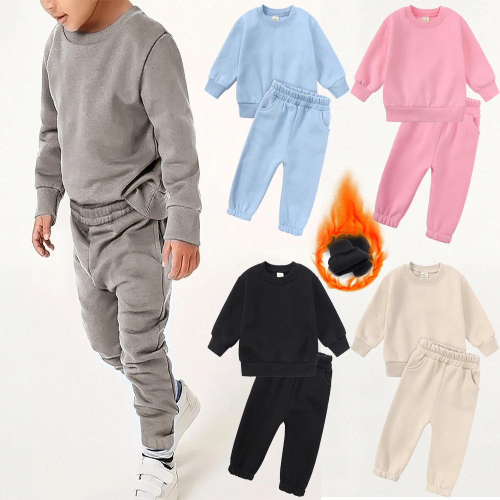 

2025 Essential Kids Boys Girl Clothes Warm Casual Playsuits Thicken Fleece Sweatshirt+Sweatpants Sets Toddler Tracksuit Outfits