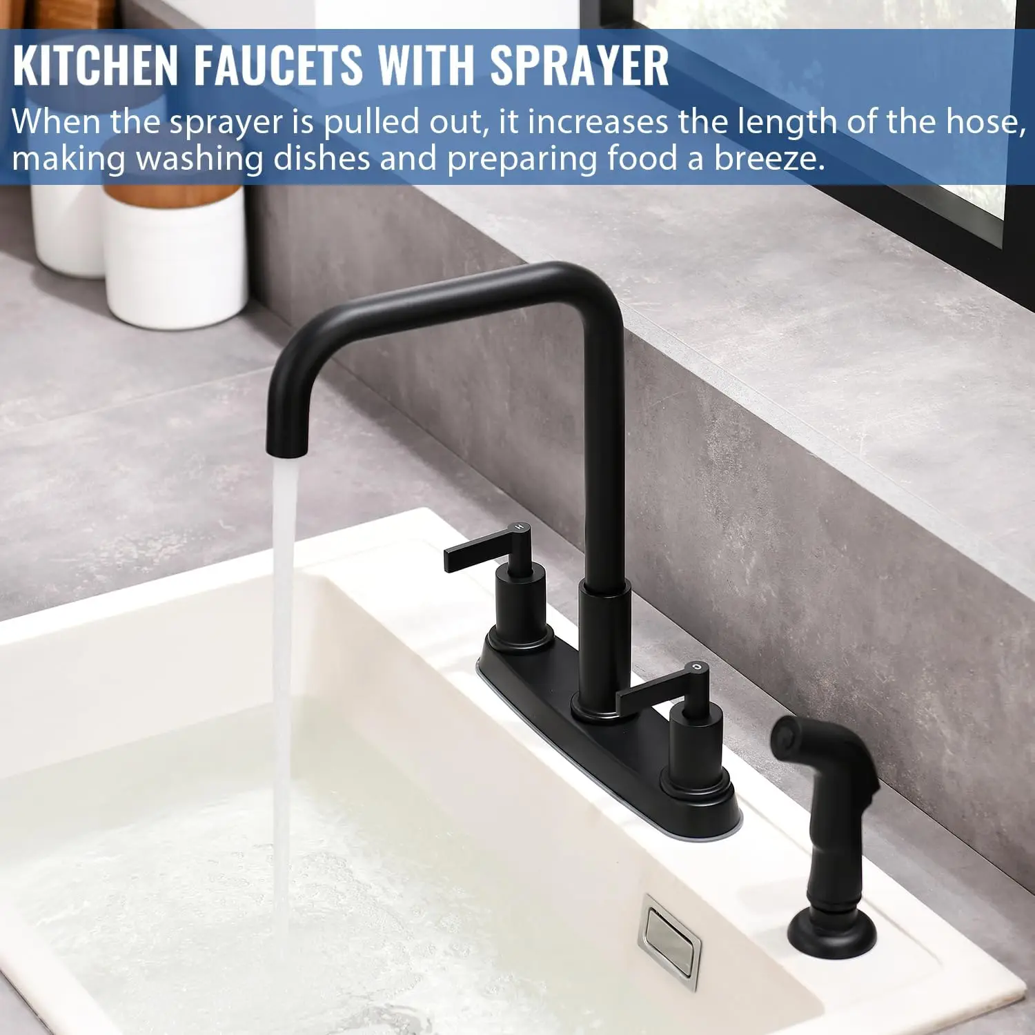 Black Kitchen Faucet with Sprayer, Matte Black 3/4 Hole Sink Faucet, Stainless Steel RV Laundry Kitchen Faucet KMF028B
