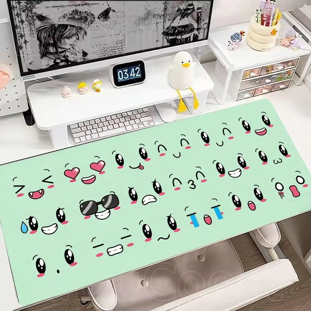 Kawaii Cartoon Expression Large Desk Mat XXL Gaming Mouse Pad Non-Slip Lock Edge Waterproof Keyboard Pad for Gamer Setup