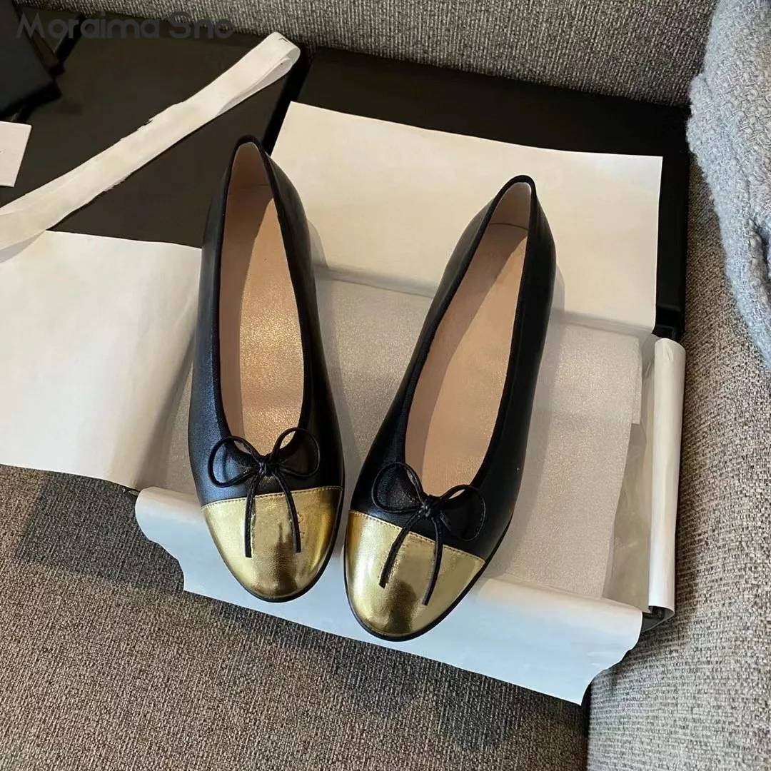 Bow Knot Color Matching Ballet Flats Classic Leather Round Toe Flat Shoes Simple Design Casual Comfortable Fashion Women's Shoes
