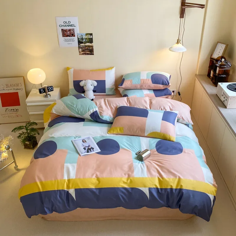 Pure cotton cotton four-piece set ins wind bed sheet quilt cover bedding kit bed hat bedding dormitory three-piece set