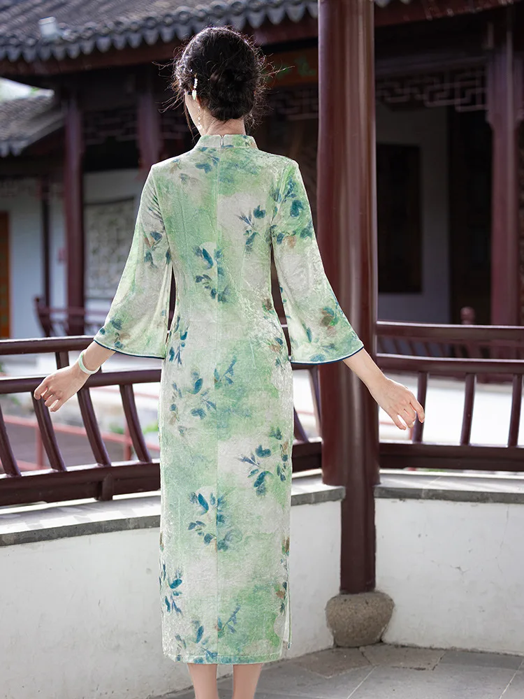 Print Velour Cheongsam Chinese Traditional Dress Autumn Winter Long Temperament Flare Sleeve Velvet Improved Green Qipao