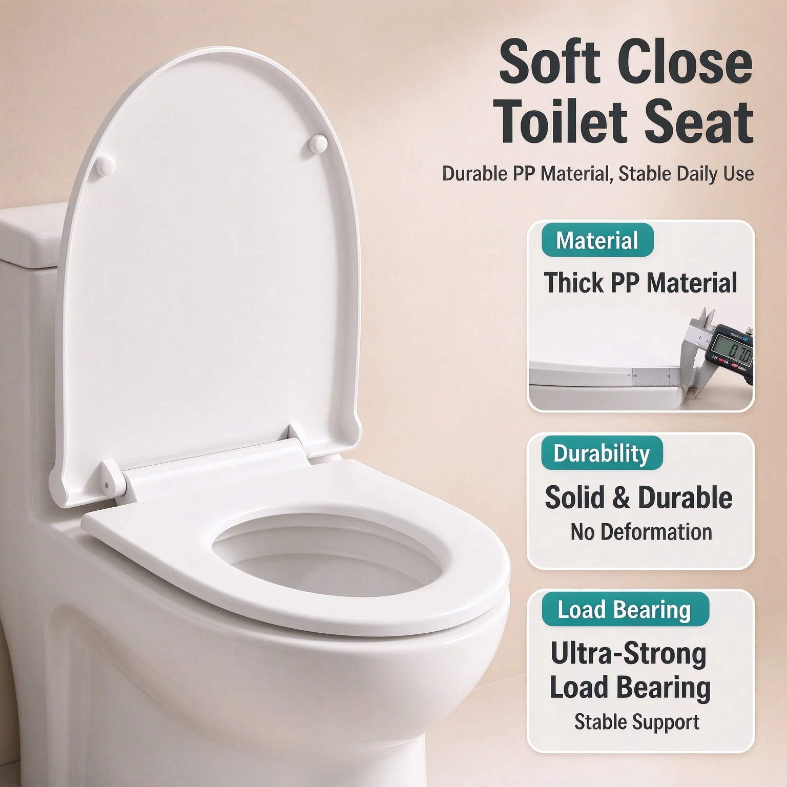 Soft Close Toilet Seat White PP Material,Universal Fit,High Load-bearing,Quiet Slow Down,Easy Installation Bathroom Toilet Cover