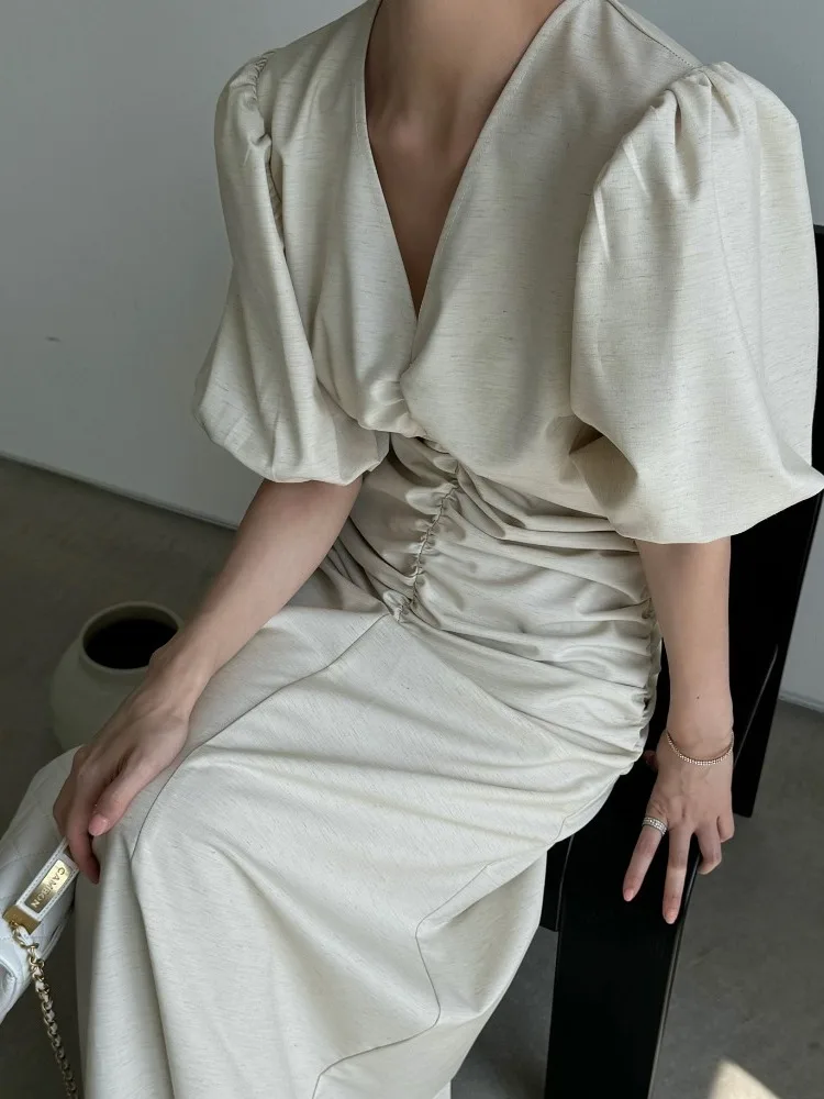 Robe Vintage pour femmes avec Design plissé bulle Sves v-ne minceur couleur Pure longue Dr Faionable décontracté été Dr