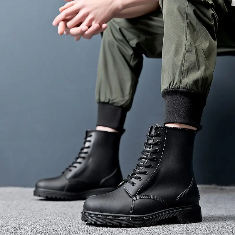 

Black Ankle Lace-Up Rain Boots for Men Chef Kitchen Mud Adult Galoshes City Teenagers Designer High Quality Waterproof Man Shoes