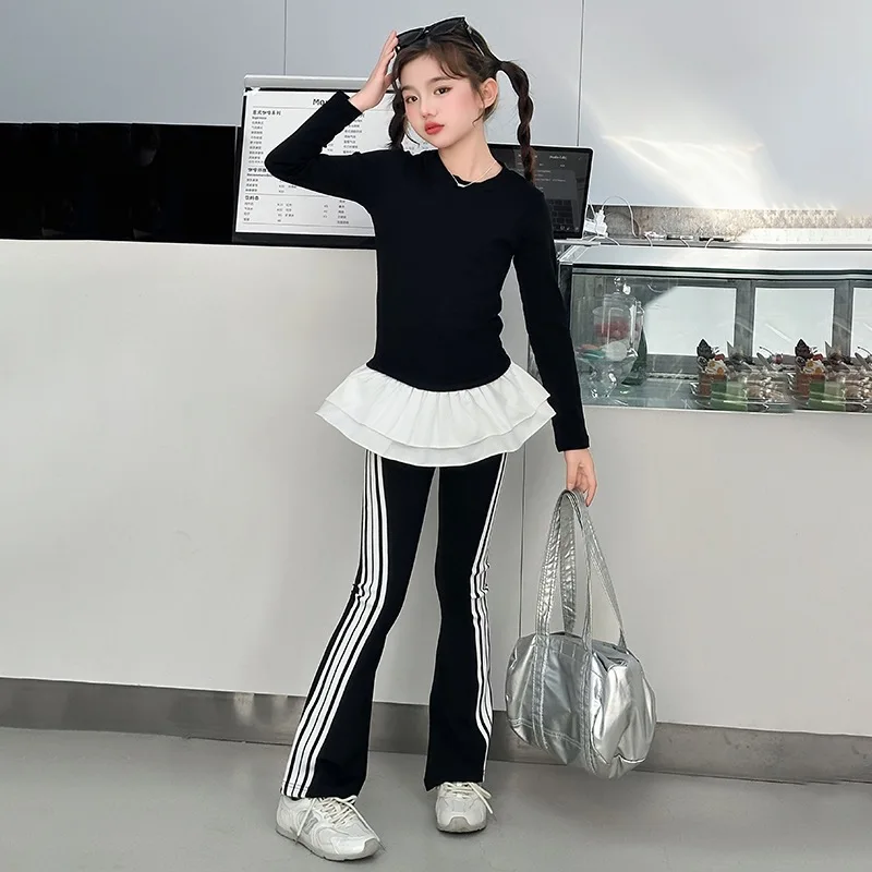Autumn Winter Girl's Lace Patchwork Sweatshirt And Striped Bell-Bottom Slim Pants Set for Teens And Children Ages 4-15