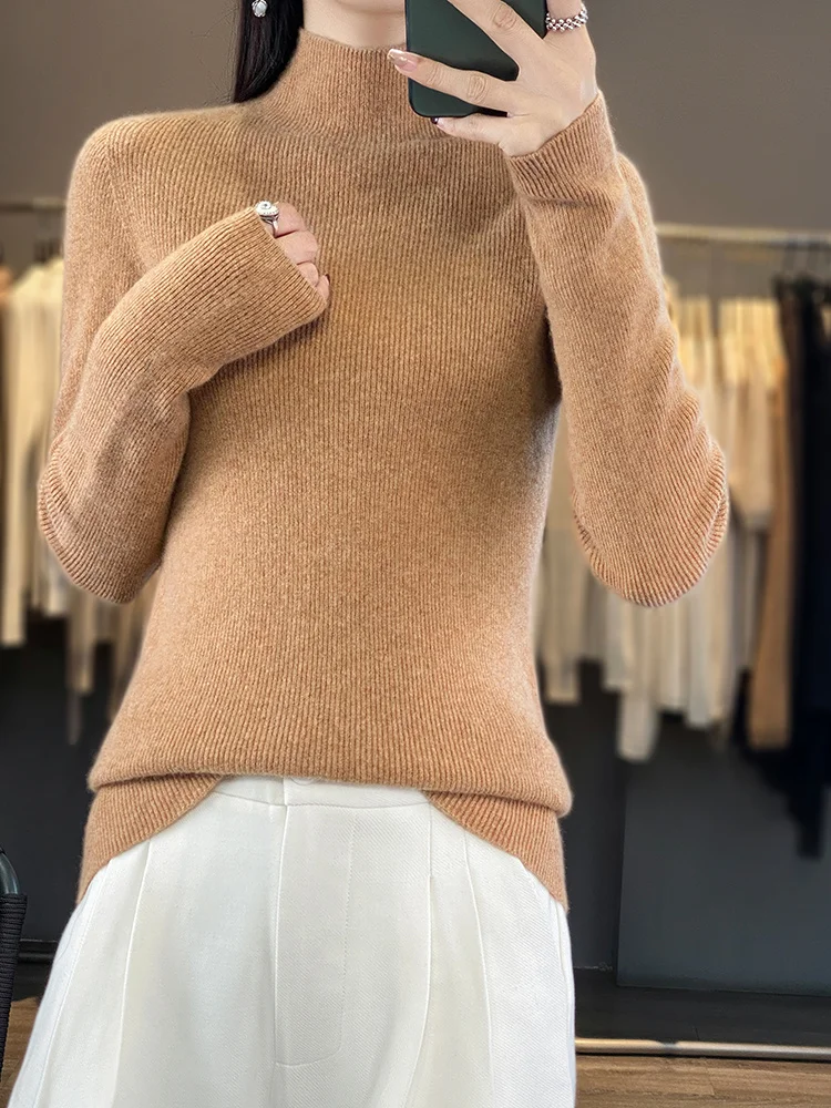 Women 100% merino Wool Sweater Autumn Winter Fashion Pile Collar Pullover Cashmere Knitwear Casual Long-sleeved Bottoming Tops