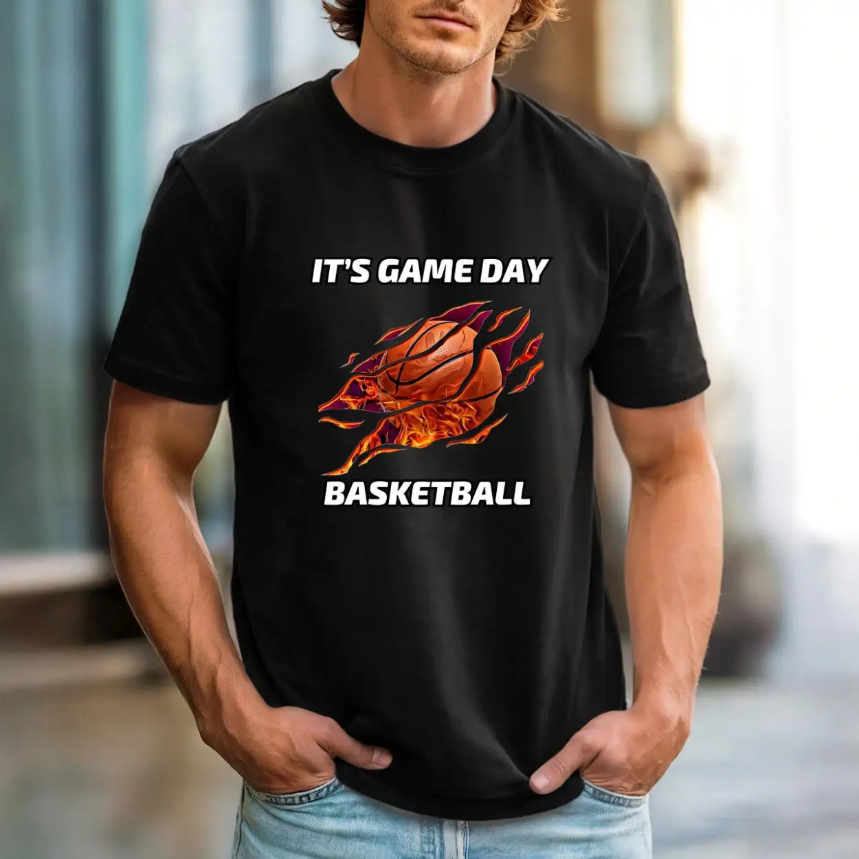 Flaming Basketball T-Shirt Game Day Sports Apparel Basketball Sportswear Casual Round Neck Short-sleeved Fashion Streetwear