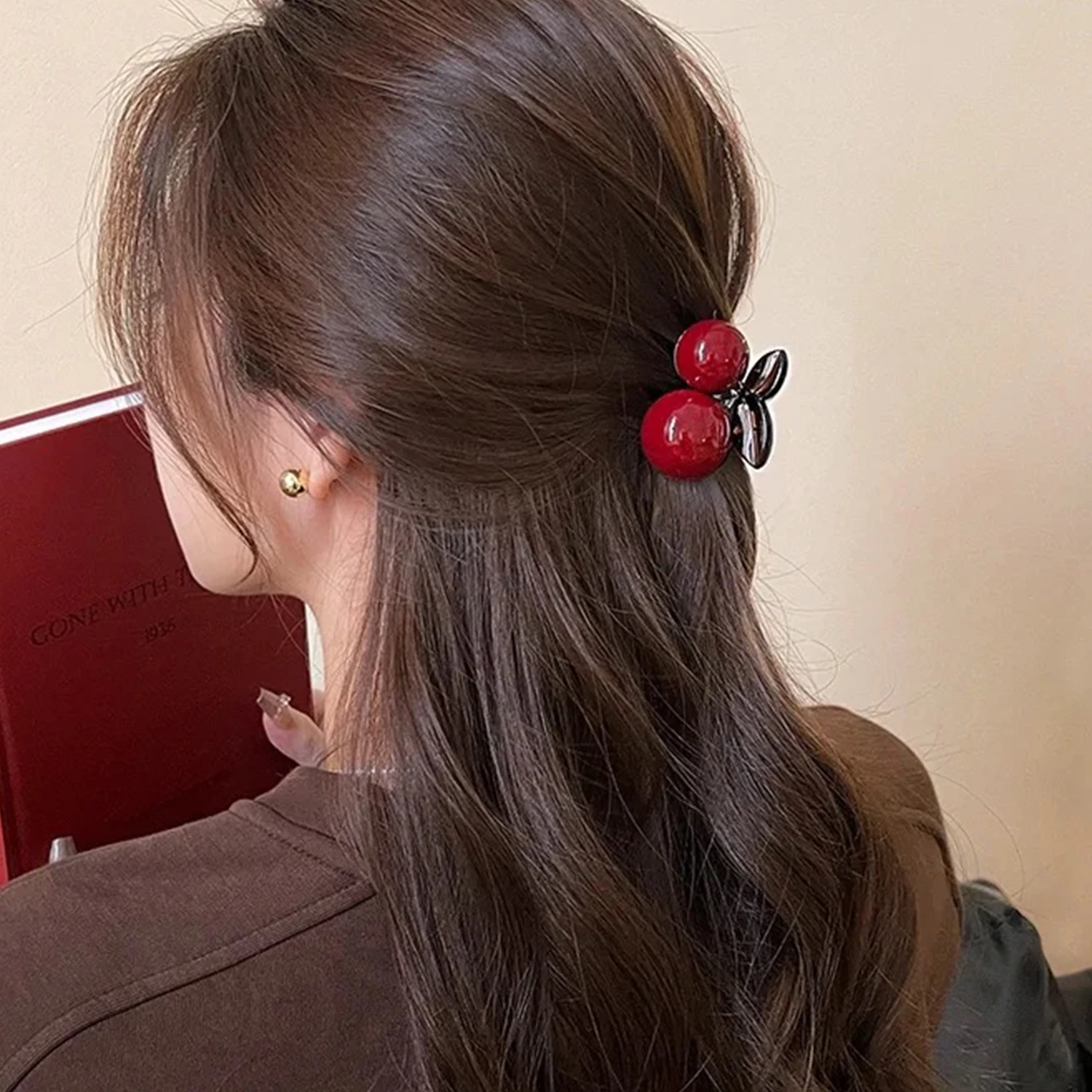 Cherry Red Bow Velvet Texture Elegant Hair Clip Fashionable Versatile Edge Hairpin Sweet Cool Headwear Girl Hair Accessories