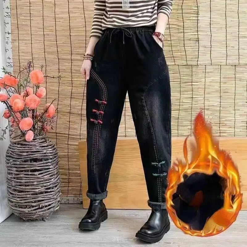 

Осень-зима, толстые зимние теплые мешковатые джинсы для женщин, винтажные бархатные джинсовые брюки с высокой талией, женские уличные свободные брюки