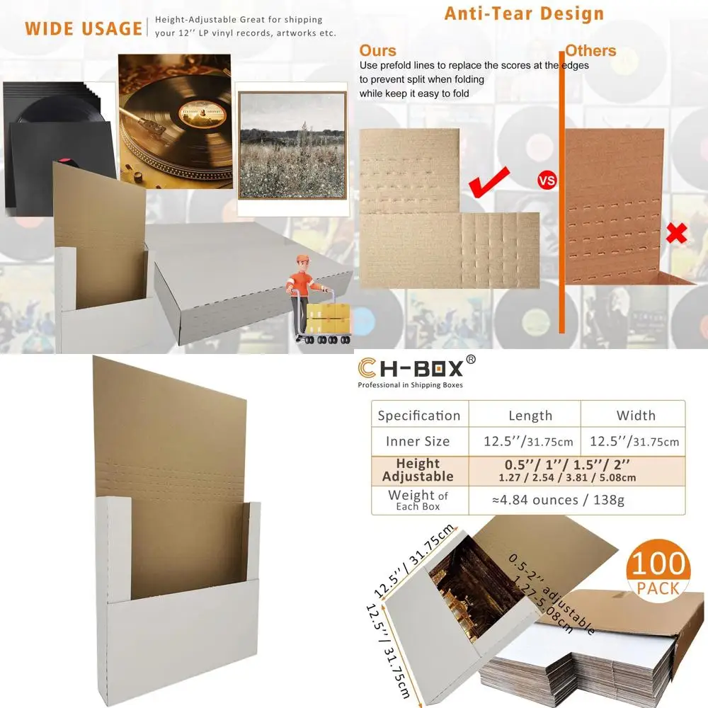 

100 Pack Adjustable Height White Cardboard Mailers for 12 Vinyl Records, 12.5 x 12.5 x 2