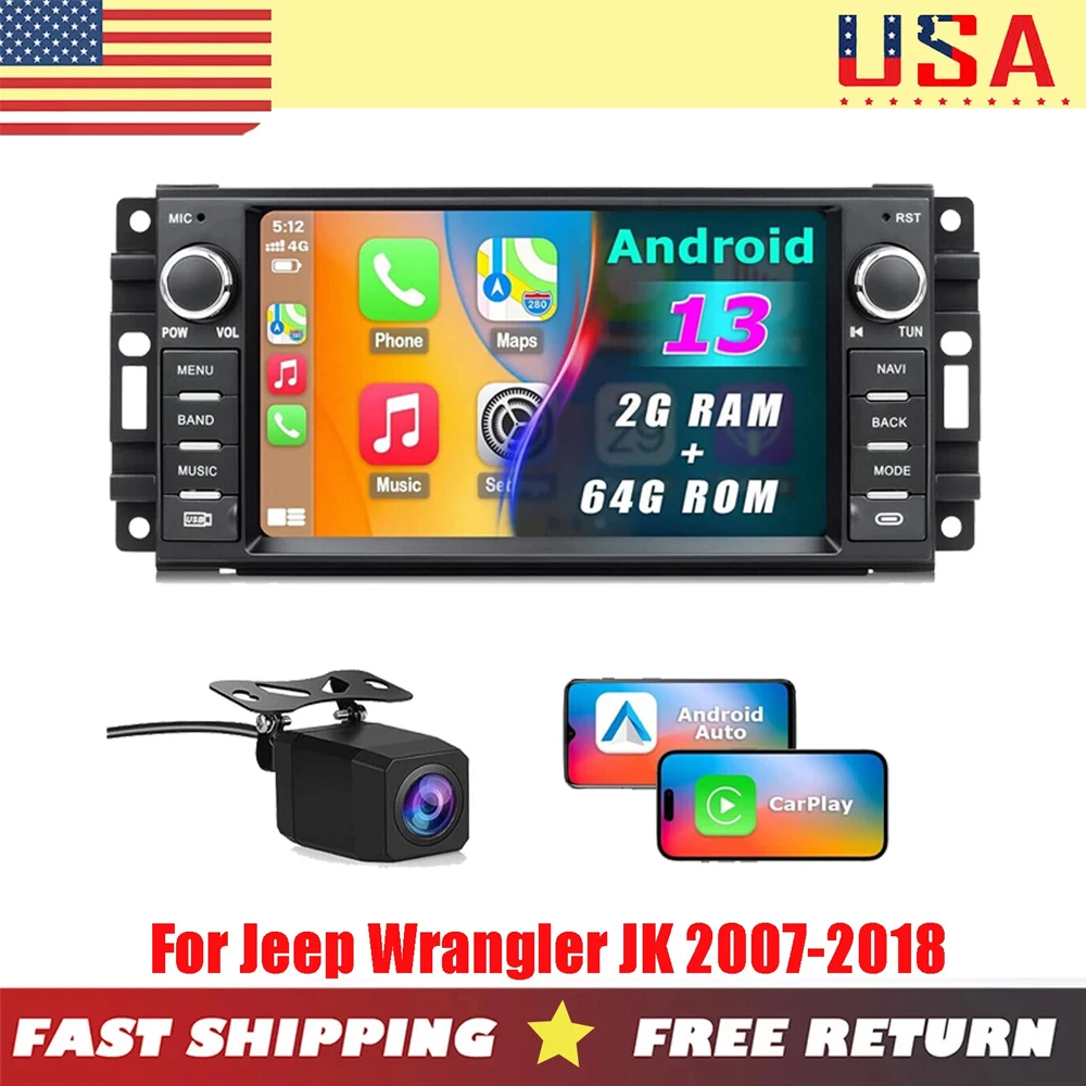

New 7 inch Android 13 CarPlay Car Stereo GPS BT Radio With Camera For Jeep Wrangler JK 2007-2018 Car Accessories