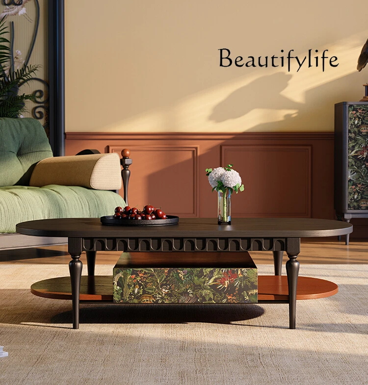 

French retro style design coffee table living room medieval high-end black ash wood coffee table