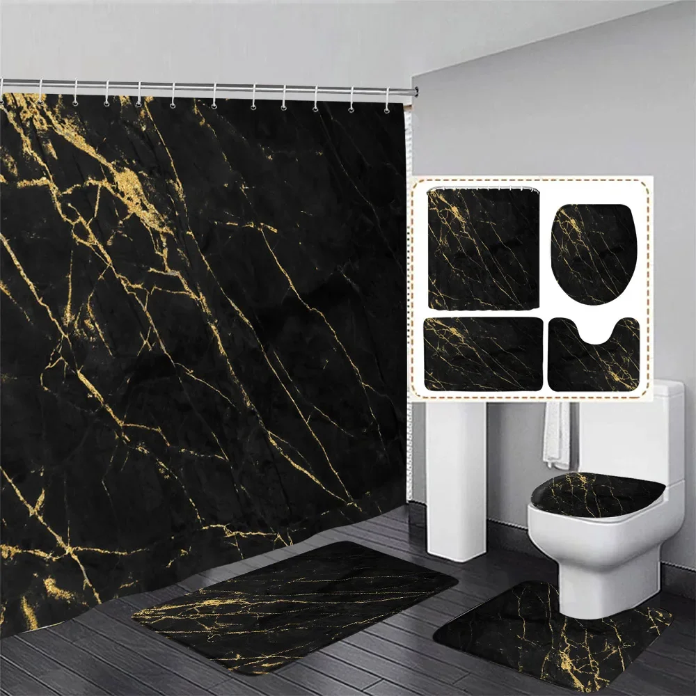 Black Marble Shower Curtain Set White Lines Cracked Pattern Modern Geometric Bathroom Decor Non-slip Rug Bath Mats Toilet Cover