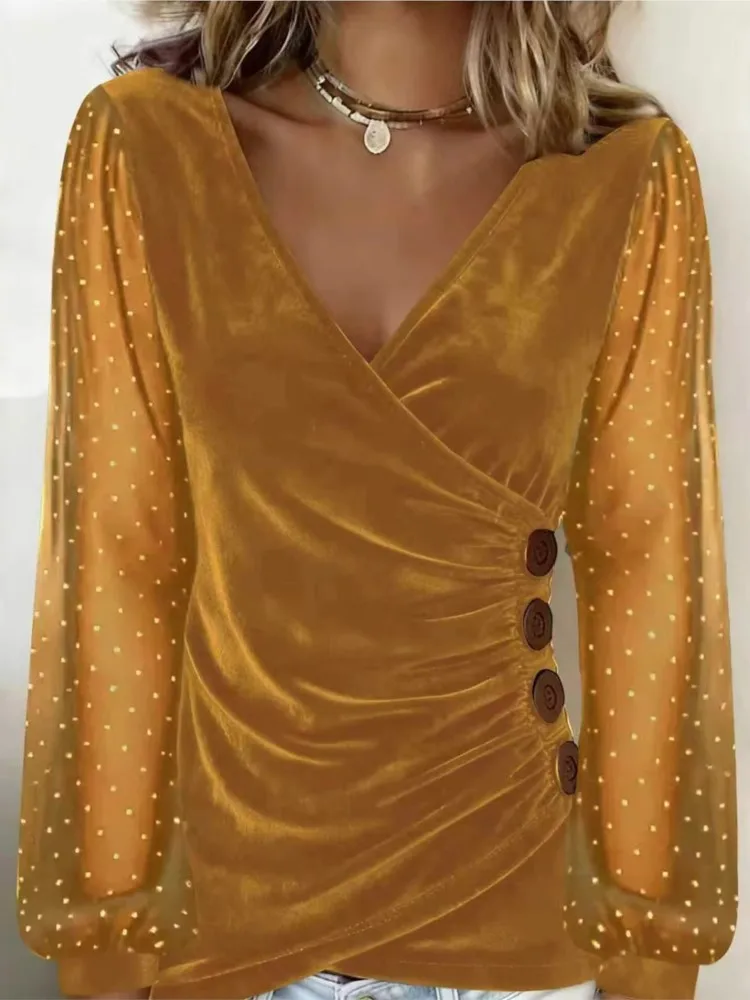 

2026 Temperament T Shirt Tees Elegant Long Sleeve Tops Blusas Intellectual Solid Color V-link Chic Simple Style Mesh Patchwork