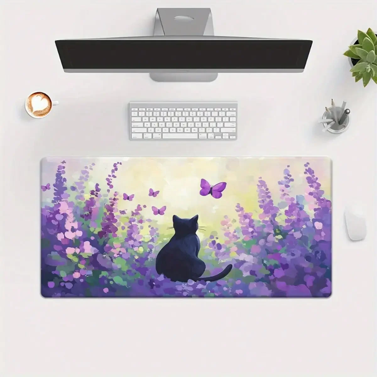 1pc Cat & Lavender Field Design Mousepad - Bright Purple & Pink Floral Design, Non-Slip Rubber Base, Sturdy Gaming & Office Desk Mat For PC, Laptop, Keyboard - Computer Accessory For Gamers & Professionals, Mouse Pads For Desk