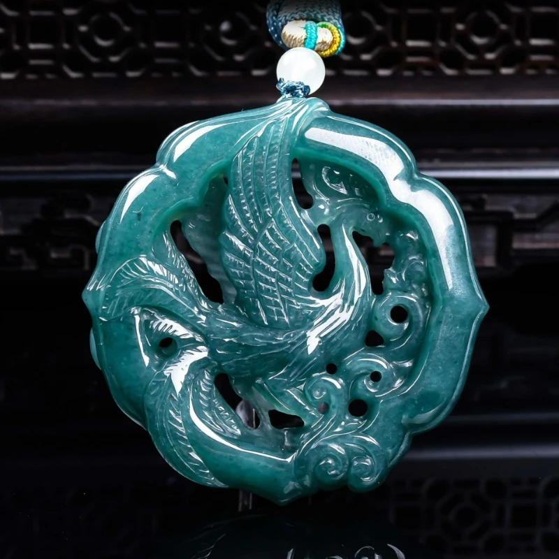 Natural Jadeite Blue Water Seiko Double-sided Hollow Carved Phoenix Necklace Pendant Fashion Men and Women Couples Amulet Gift