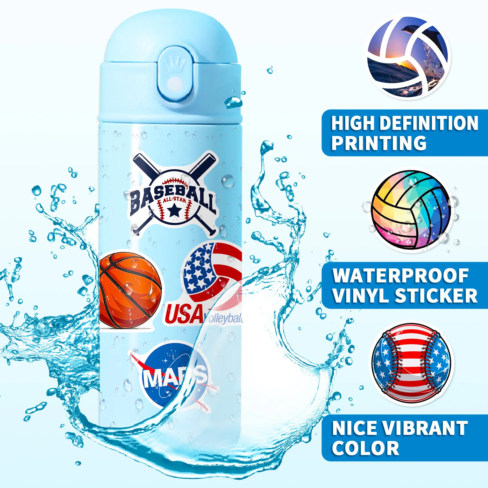 50pcs Sports Stickers, Soccer Football Volleyball Golf Basketball Stickers, Waterproof Stickers for Skateboard Water Bottle