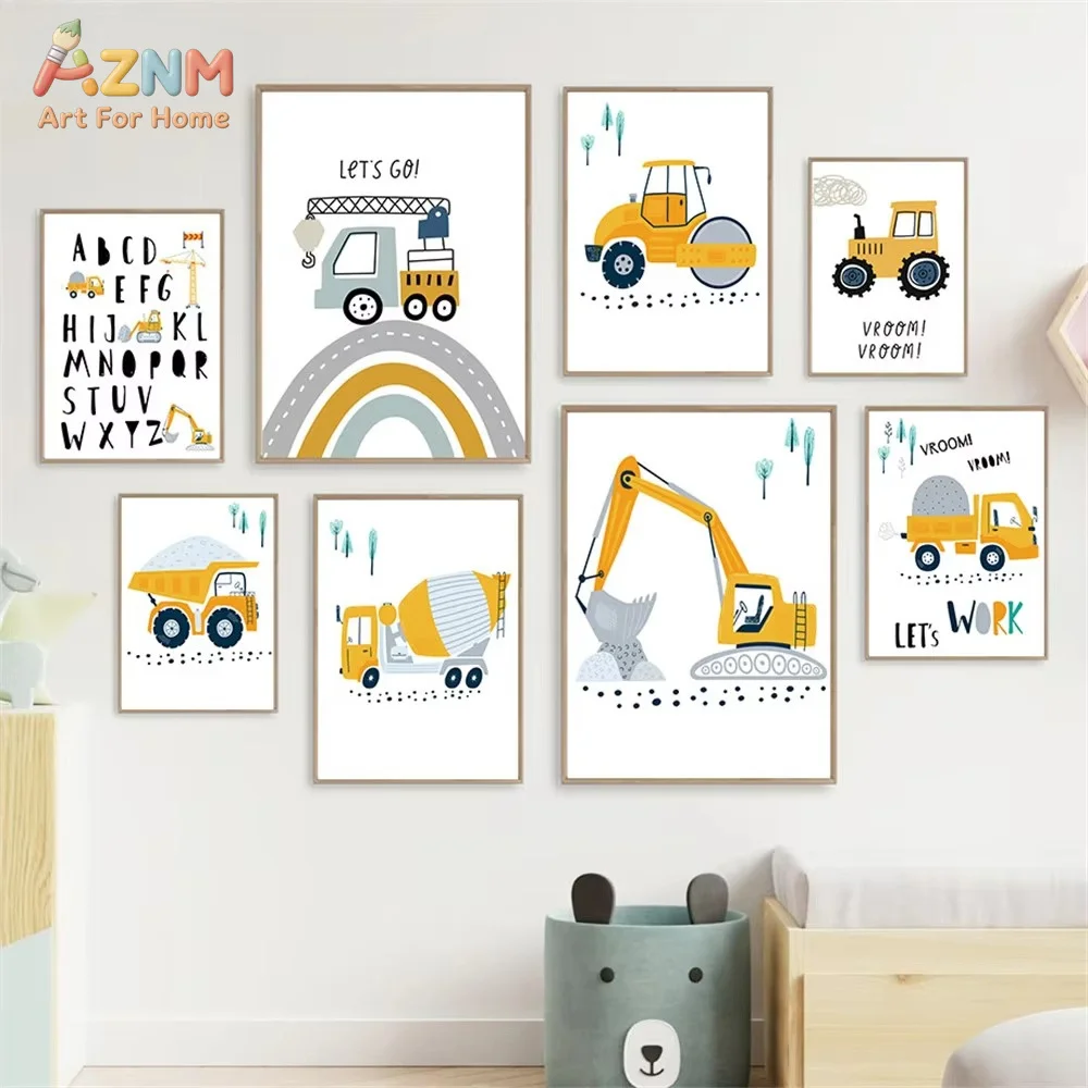 Child Poster Cartoon Tractor Truck Excavator Crane Canvas Painting Nursery Wall Art Print Nordic Wall Pictures Room Decor