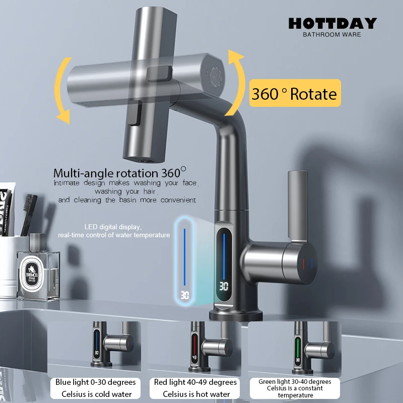 Imagem -04 - Torneira de Bacia de Exibição Digital com Temperatura de Cachoeira Levante o Pulverizador Misturador para Pia de Água Quente e Fria