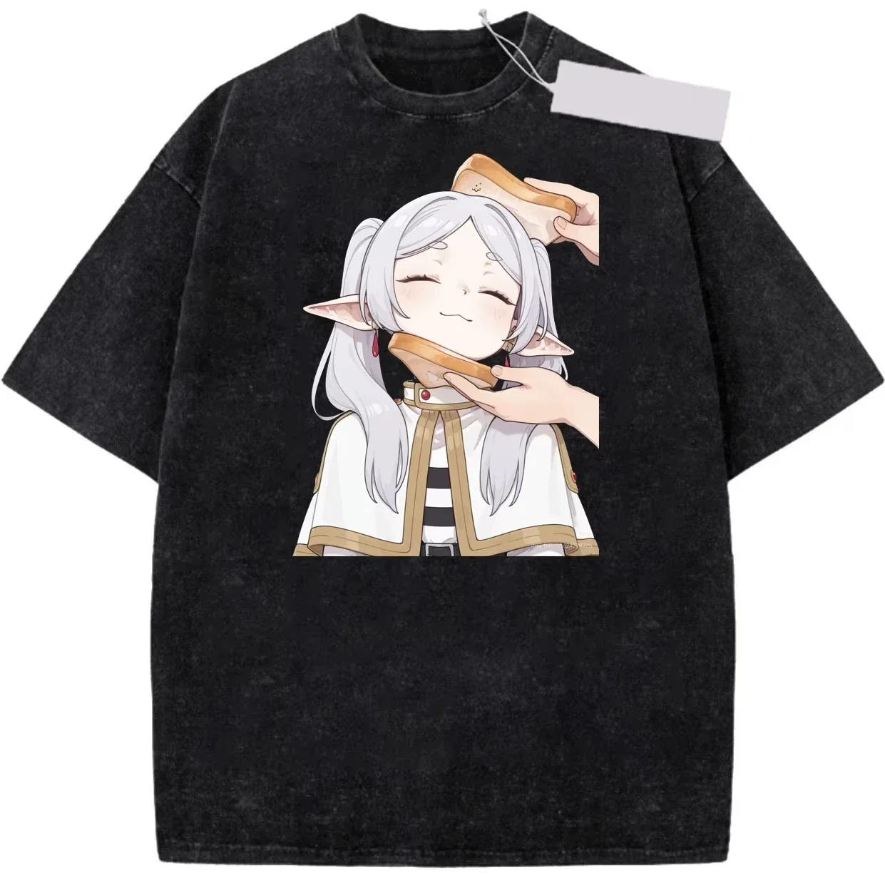 2026 Frieren: Beyond Journey's End Print T-shirt Black Washed Oversized Cotton Casual Streetwear Tee For Anime Fans
