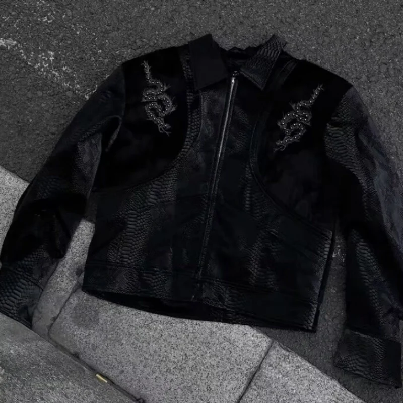 Men Black Snake Embossed Jacket Back Spine Embroidery Rivet Decor Coat Darkwear Gothic Streetwear Oversized Moto Outerwear view 3