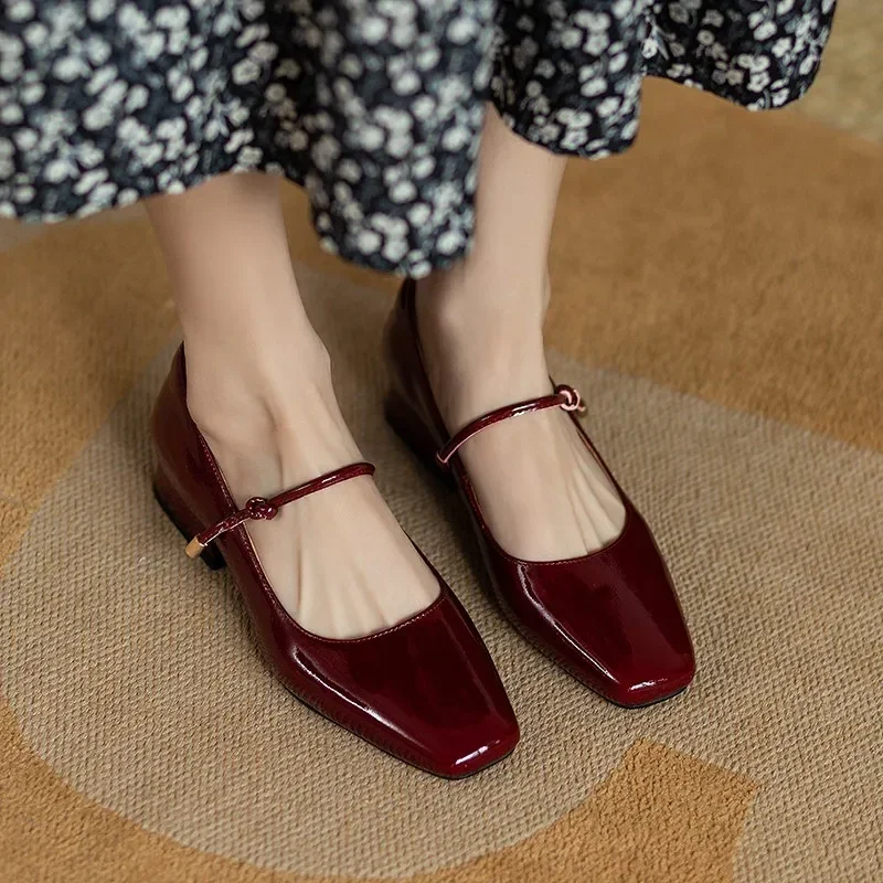 Mary Jane Shoes Wine Red Square Toe Leather Shoes for Women's Retro Patent  Leather Shoe Chaussure Femme Small Heel Pumps - AliExpress 322