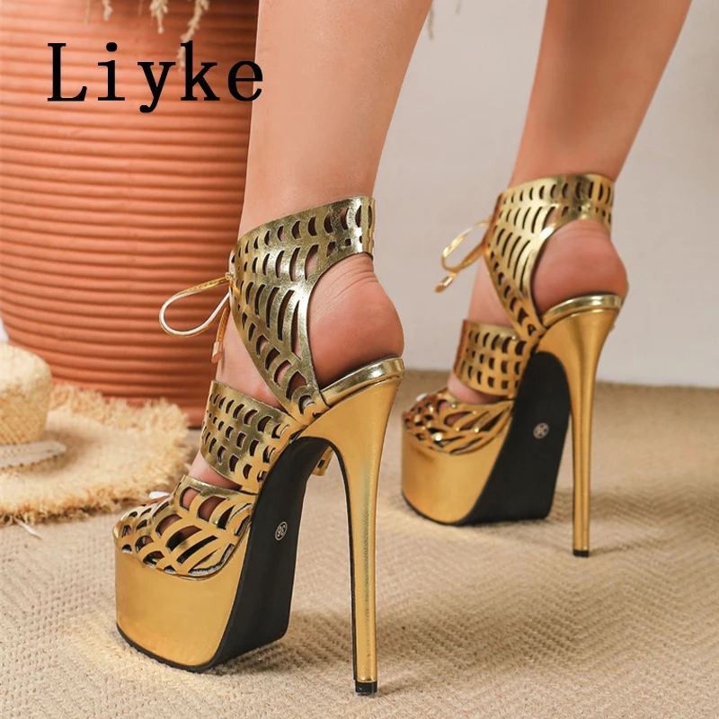 

Liyke Fashion Hollow Out Leather Peep Toe Lace Up Women Platform Sandals Extreme High Heels Party Stripper Pole Dance Shoes
