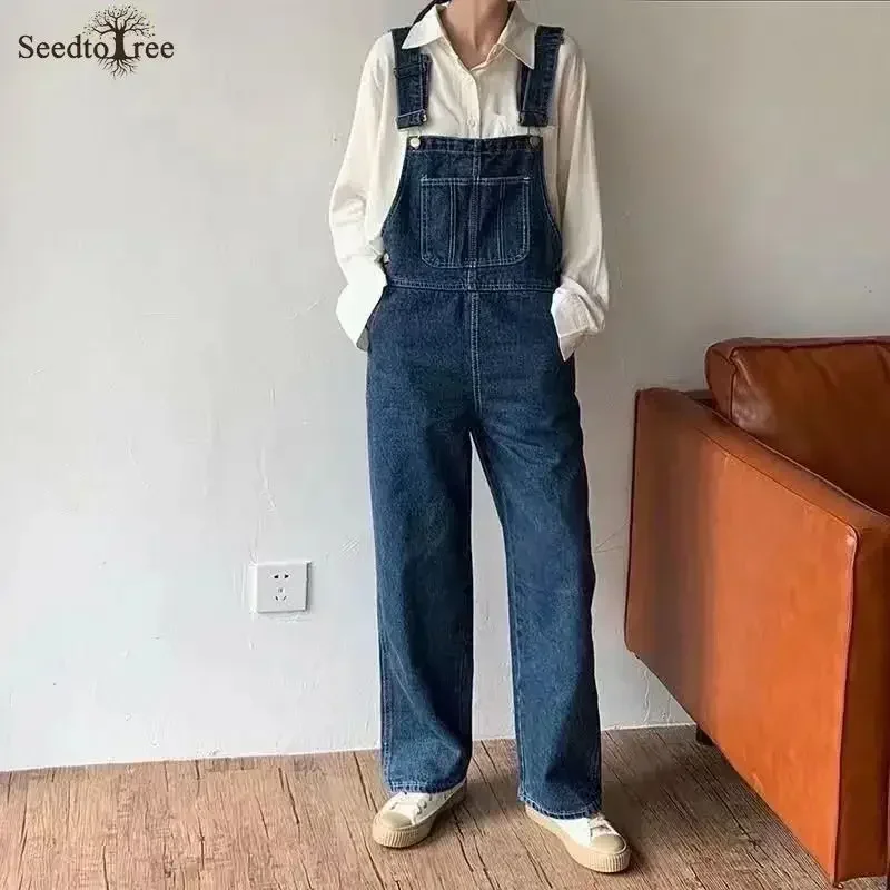 Korean Fashion Women\'s Jeans Men\'s Overalls Loose Straight Denim Jumpsuit Suspenders Pants Safari Style Cargo Pants