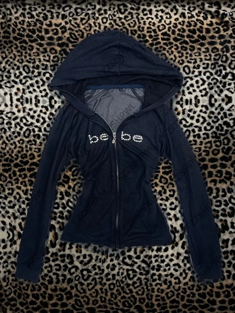 Sudadera con capucha de estilo Simple con estampado de letras y diamantes de imitación ostentosos de manga larga para mujer de gran tamaño con cremallera primavera otoño sección delgada ropa de calle Y2k