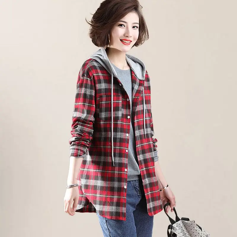 

Fashion Commuter Hooded Plaid Shirt Mid Length Spliced Cotton Shirt Versatile Comfortable Coat 2025 Spring and Autumn Women's